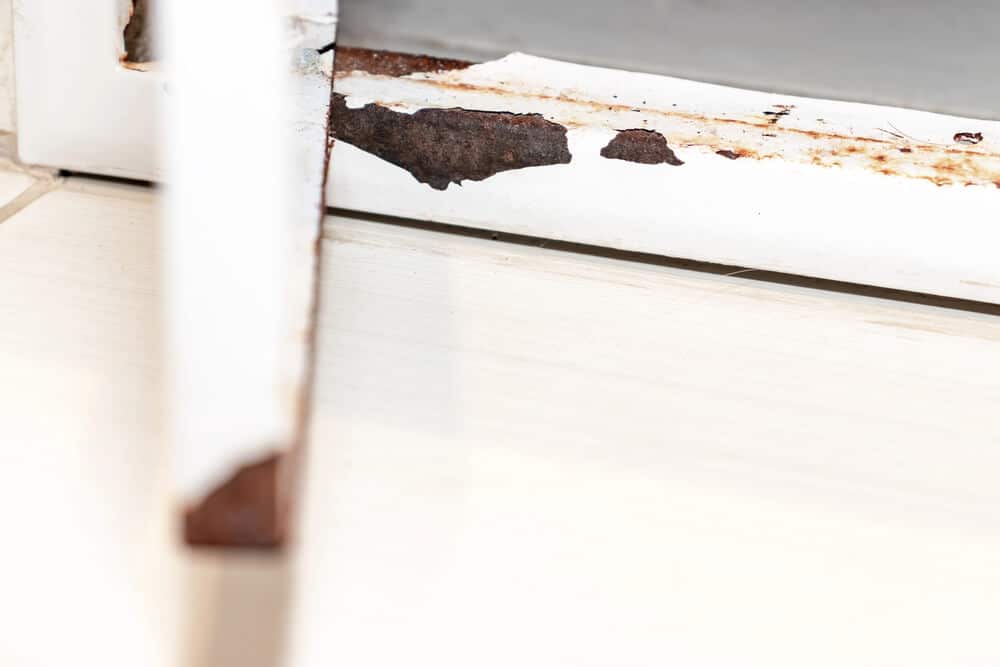Close-up of a white metal surface with visible rust patches and peeling paint, showing signs of wear, corrosion, and water damage.