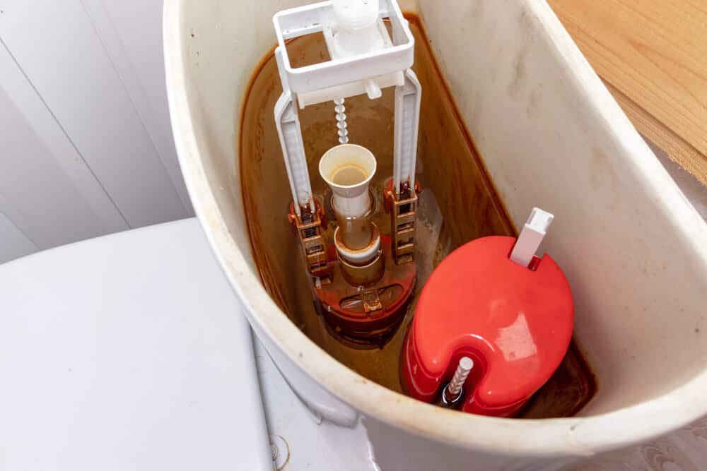 A close-up of the inside of a frozen toilet tank showing rust stains, the fill valve mechanism, and a red plastic floating ball.