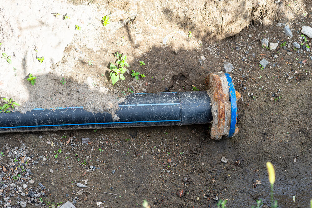 A segment of a black pipeline with a rusted flange lies partially buried in the dirt. Small plants are growing around it, indicating poor soil drainage.