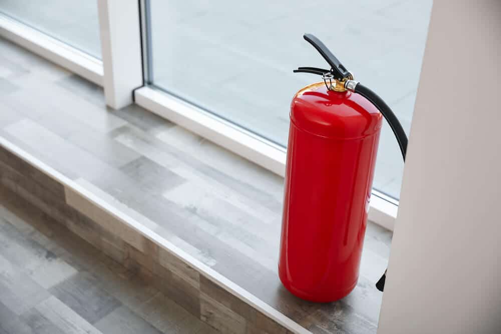 A red fire extinguisher stands on a window sill next to a large glass window, overlooking the summer outdoor scene, all set on a grey wooden floor.