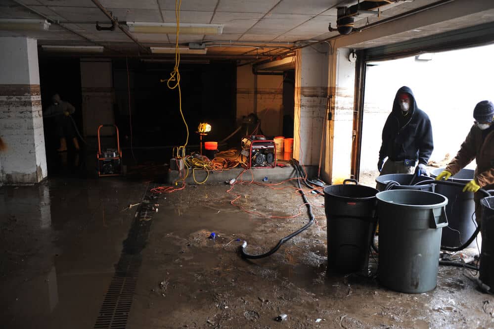 Workers wearing protective gear are engaged in flood cleanup, tackling a flooded basement with equipment like hoses and large trash bins. The dimly lit space is strewn with muddy water and debris, highlighting the critical importance of post-flood safety measures during the recovery process.