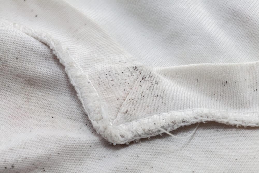Close-up of a stained white fabric with visible black specks, possibly mold, and frayed edges.