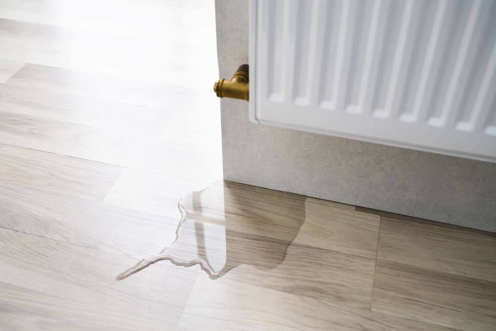 Water pooling on the floor next to a radiator with a visible leak at the pipe connection can lead to an office flood if not addressed promptly.