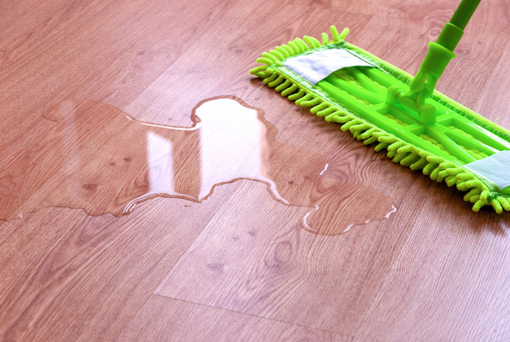 A green mop cleaning a spill of water on a wooden floor, possibly trying to detect slab leak signs beneath.